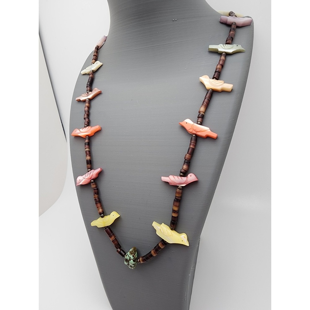 Southwestern Carved Bird Fetish Heishi Bead Necklace Multicolor Boho Turquoise - Picture 8 of 8